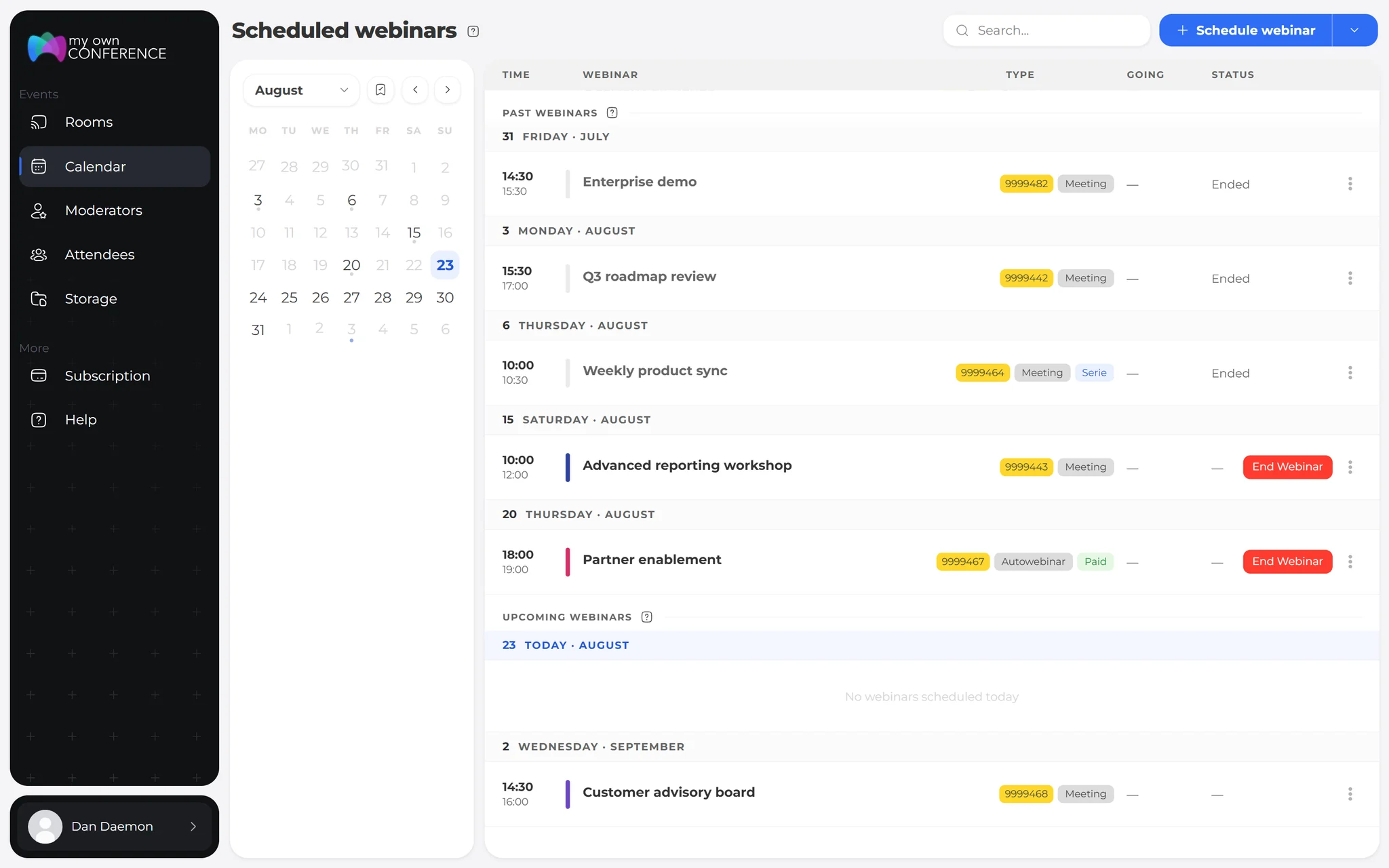 MyOwnConference webinar management calendar